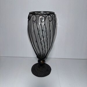 Vintage Designed Hand Blown Glass Vase Caged in Wrought Iron Large 12”
